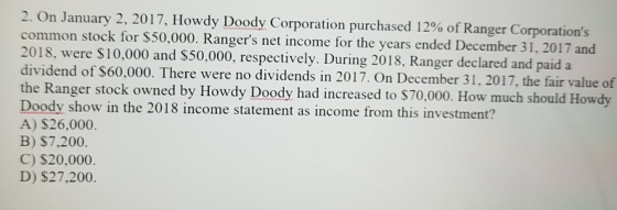 2. On January 2, 2017, Howdy Doody Corporation purchased 12% of Ranger Corporations common stock for $50,000. Rangers net i