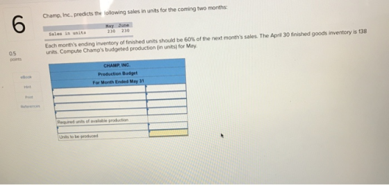 Champ, Inc., predicts the following sales in units for the coming two months: May June 230 230 Sales in units Each months en