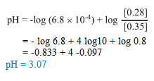 (0.28) pH = -log (6.8 x 104) + log - [0.35] = -log 6.8 + 4 log10 + log 0.8 = -0.833 +4 -0.097 pH = 3.07