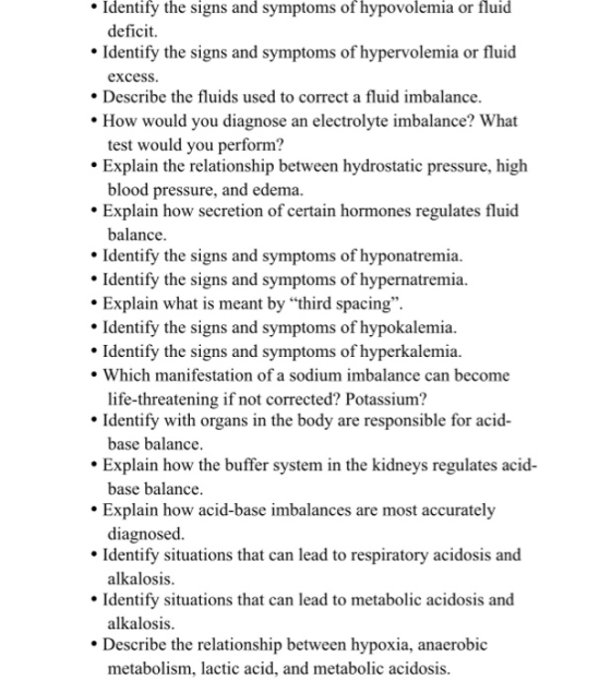 Identify the signs and symptoms of hypovolemia or fluid deficit. Identify the signs and symptoms of hypervolemia or fluid exc