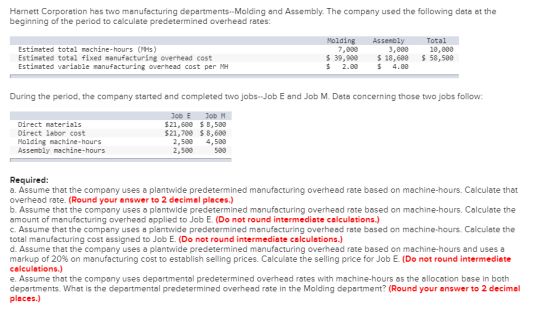 Harnett Corporation has two manufacturing departments--Molding and Assembly. The company used the following data at the begin
