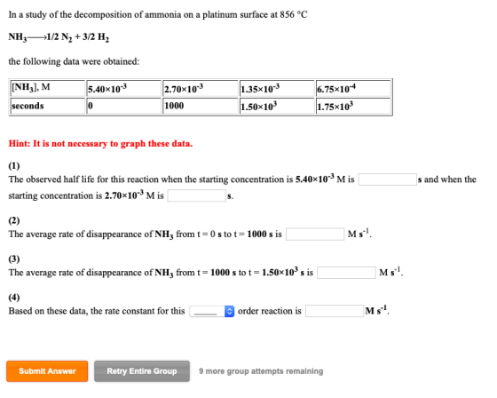 In a study of the decomposition of ammonia on a platinum surface at 856 °C NH31/2 N2+3/2 H2 the following data were obtained
