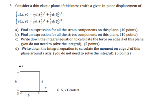 3. Consider a thin elastic plane of thickness t with a given in-plane displacement of ſu(x,y) = $dz 5)2 + +d22 (v(x,y) = {2,5