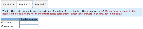 Required A Required B Required C What is the cost charged to each department if number of consultants is the allocation basis