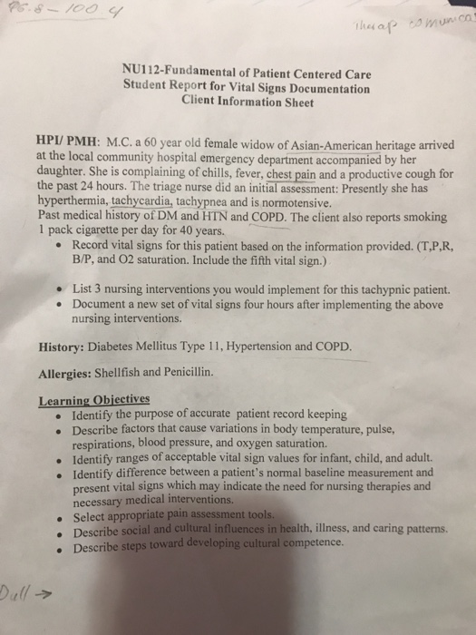 Ps.8-100 comun cat the a NU112-Fundamental of Patient Centered Care Student Report for Vital Signs Documentation Client Infor