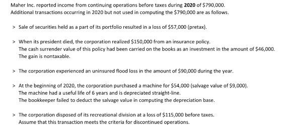 Maher Inc. reported income from continuing operations before taxes during 2020 of $790,000. Additional transactions occurring