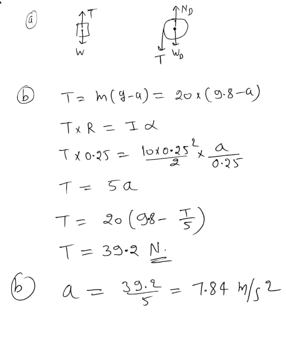 Tz m (9-a)= 20x(9.8-a) Tx R = I 2 Tx0.25 = 10x0.25 x a pas T=5a T= 20 (987) T= 39.2 N. ® a = 39,90 = 1.84 m/s2
