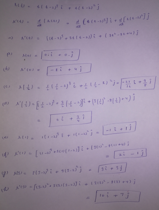 Elt= tlt-2;} î t +(t-2) ² } rit) = d lect)) at d. [t (+-2)3] i + d [+14-20°) ſ dt dt rlt) = ( (t-2)3 + 3t (+-2)) î + ( 3t²-8