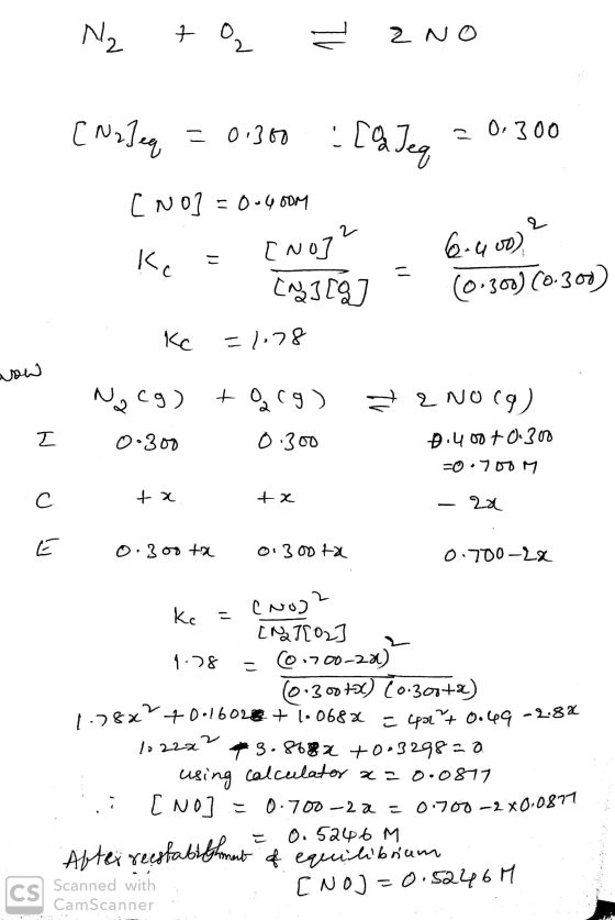 Na tę Ž zno [Na] eq = 0.300 : [Q Jea = 0.300 Kc = [NO] =0-400M [NO]? 6.400) cada ] [ ] = 0.300) (0.300) - Kc =1078 No cg) too