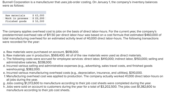 Bunnell Corporation is a manufacturer that uses job-order costing. On January 1, the companys inventory balances were as fol
