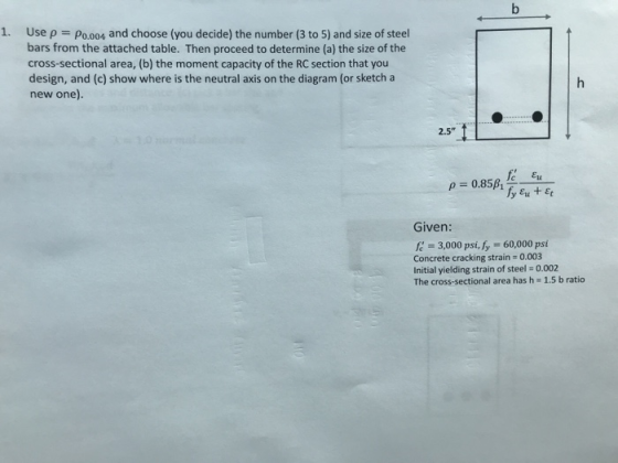 1. Use ρ-p0.004 and choose (you decide) the number (3 to 5) and size of steel bars from the attached table. Then proceed to d