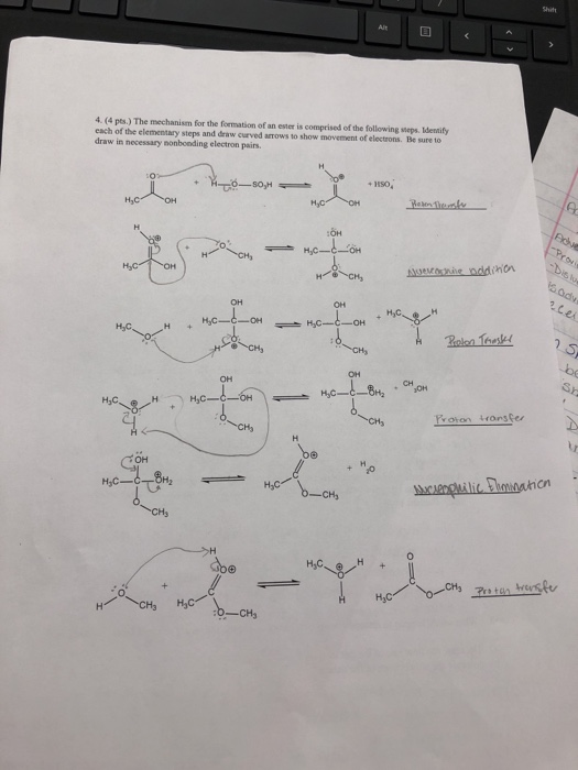 Shit Alt 4. (4 pts.) The mechanism for the formation of an ester is comprised of the following steps. Identify each of the el