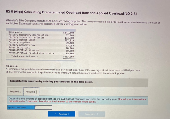 E2-5 (Algo) Calculating Predetermined Overhead Rate and Applied Overhead (LO 2-3] Wheelers Bike Company manufactures custom