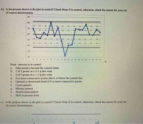 d.) Is the process shown in the plot in control? Check None if in control, otherwise, check the reason for your out of contro