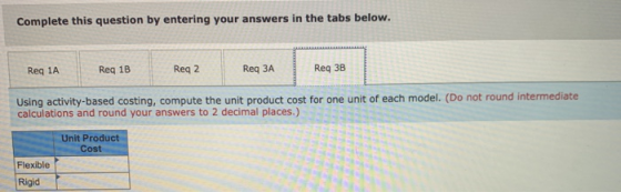 Complete this question by entering your answers in the tabs below. Req 1A Reg 1B Req 2 Req 3A Reg 3B Using activity-based cos