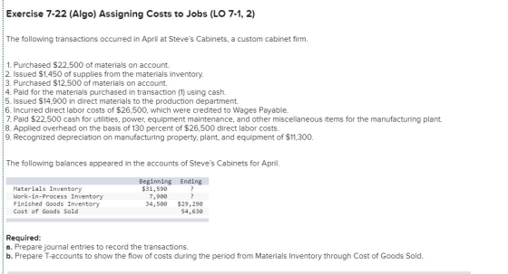 Exercise 7-22 (Algo) Assigning Costs to Jobs (LO 7-1, 2) The following transactions occurred in April at Steves Cabinets, a