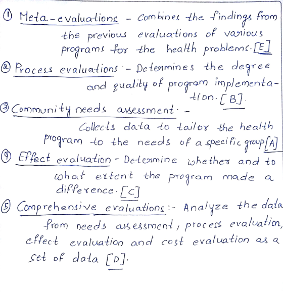 0 Meta-evaluations - Combines the findings from the previous evaluations of various programs for the health problems. [E] ® P