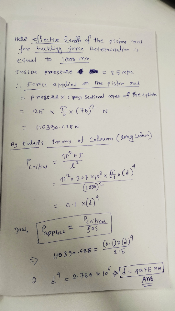 Here effective lenth of the pistons nod for buckling force Determination is equal to 1000 mm. Inside pressure o = 25 mpa Forc