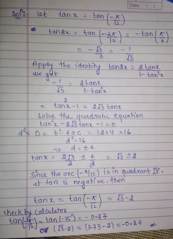 Date: 7 Solli let tan x = tan (0) tanax = tan l-ak - tan 12 13 = 3 the Apply get identity tanax = g tana - tanza ve 1 2 tana