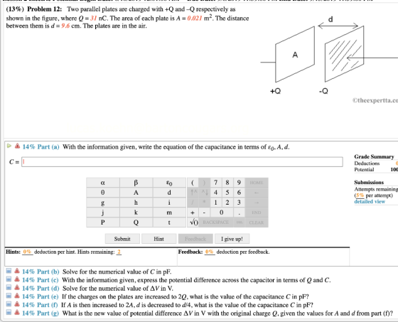 DOOOOLLELLDE DEO DOPO DODUO DO (13%) Problem 12: Two parallel plates are charged with + and respectively as shown in the figu