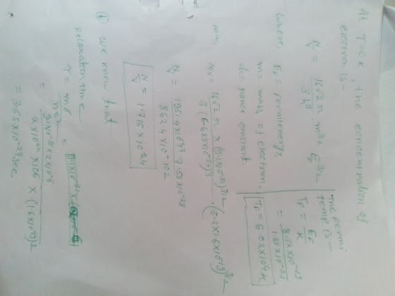 the concentration of At Tok electron is- The ferm N = 1682 or m312 312 temp is TF = K Where, 8.32X10 1.38×10-23 Ef= formiener