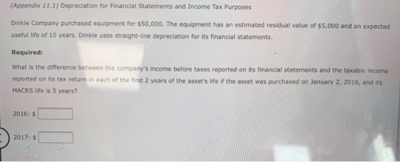 (Appendix 11.1) Depreciation for Financial Statements and Income Tax Purposes Dinkle Company purchased equipment for $50,000.