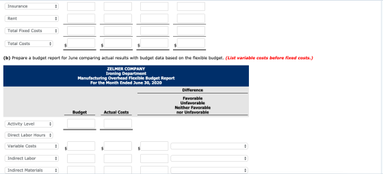 Insurance Rent Total Fixed Costs Total Costs (b) Prepare a budget report for June comparing actual results with budget data b