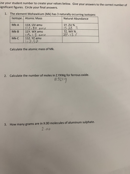 Use your student number to create your values below. Give your answers to the correct number of -ignificant figures. Circle y