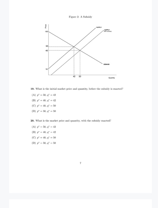 Figure 2: A Subsidy 19. What is the initial market price and quantity, before the subsidy is enacted? (A) P-50, -12 (B) p-40,