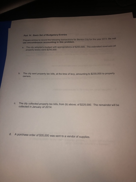 Part IV. Basic Set of Budgetary Entries Prepare entries to record the following transactions for Benton City for the year 201