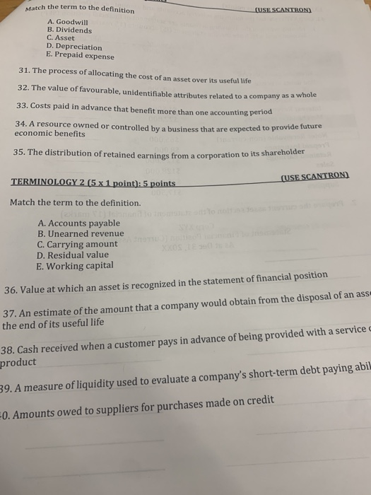 watch the term to the definition (USE SCANTROND A. Goodwill B. Dividends C. Asset D. Depreciation E. Prepaid expense 31. The