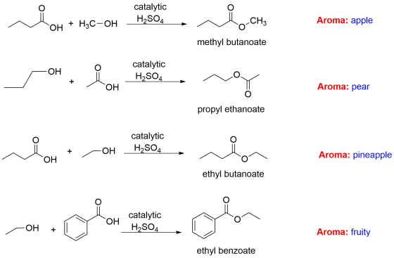 catalytic • ke=o4 1:|: . ༽ -cts H?SO Aroma: apple _OH + H3C-OH methyl butanoate O on , OH catalytic H2SO4 :s°་བ། + OH Aroma: