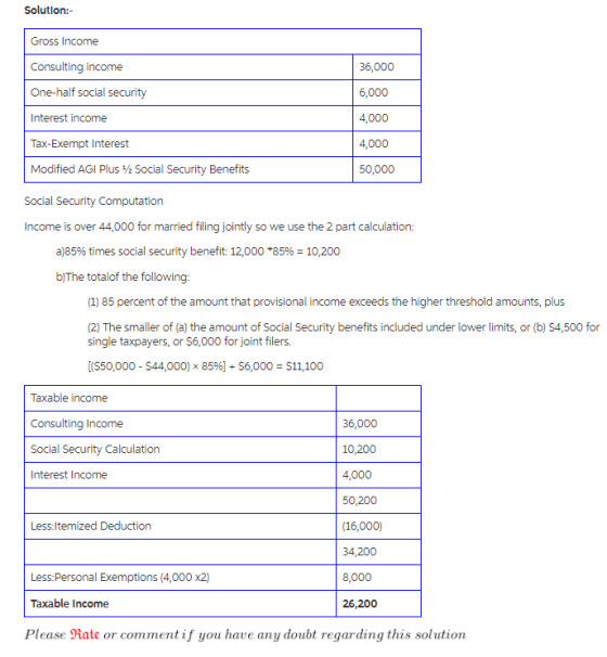 Solution: Gross Income Consulting income One-half social security Interest income Tax-Exempt Interest Modified AGI Plus h Social Security Benefits 36,000 6,000 4,000 4,000 50,000 Social Security Computation Income is over 44,000 for married filing jointly so we use the 2 part calculation: a)85% times social security benefit 12,000 *85% 10,200 b)The totalof the following: (1) 85 percent of the amount that provisional income exceeds the higher threshold amounts, plus (2) The smaller of (a) the amount of Social Security benefits included under lower limits, or (b) $4,500 for single taxpayers, or S6,000 for joint filers. [(s50,000 - S44,000) x 85%] S6,000 $11,100 Taxable income Consulting Income Social Security Calculation Interest Income 36,000 10,200 4,000 50,200 (16,000) 34,200 8,000 26,200 Less:ltemized Deduction Less:Personal Exemptions (4,000 x2) Taxable Income Please Rate or comment if you have any doubt regarding this solution