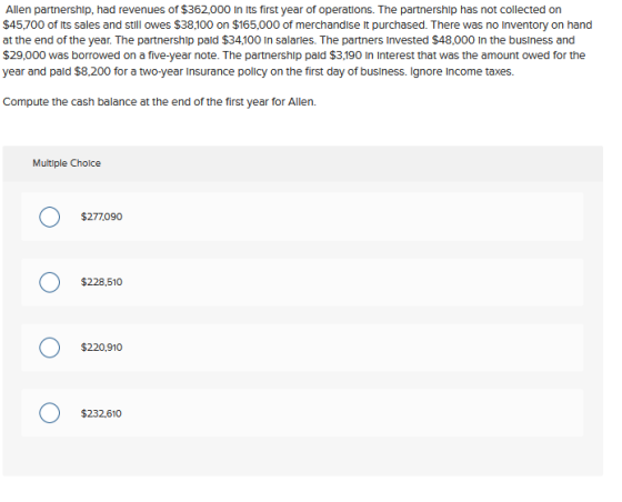 Allen partnership, had revenues of $362,000 in its first year of operations. The partnership has not collected on $45,700 of