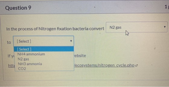 1 Question 9 N2 gas In the process of Nitrogen fixation bacteria convert [Select ] to [Select NH4 ammonium If y N2 gas ebsite