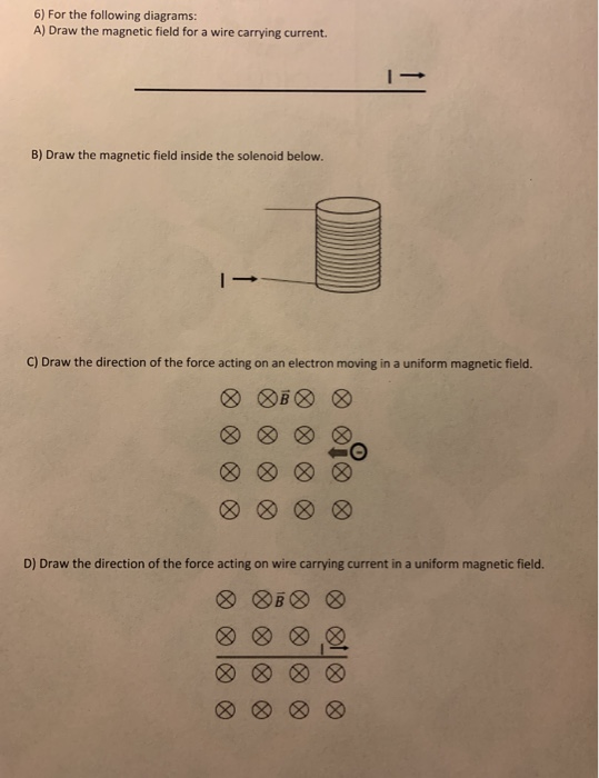 6) For the following diagrams: A) Draw the magnetic field for a wire carrying current. - B) Draw the magnetic field inside th