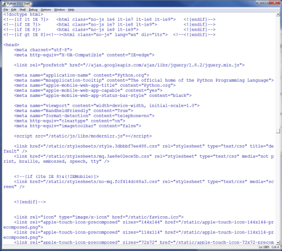 Python 3.5.1 Shell Eile Edit Shell Debug Options Window Help <! doctype html> <if lt IE 7]> <html class-no-js ie6 lt-ie7 lt-