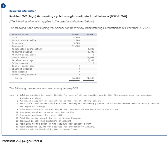 Required Information Problem 2-2 (Algo) Accounting cycle through unadjusted trial balance [LO2-3, 2-4] [The following Informa
