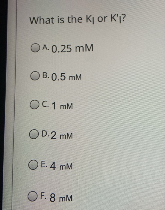 What is the ki or Kj? O A. 0.25 mm OB.0.5 mm O C. 1 mM OD.2 mm O E. 4 mM OF. 8 MM