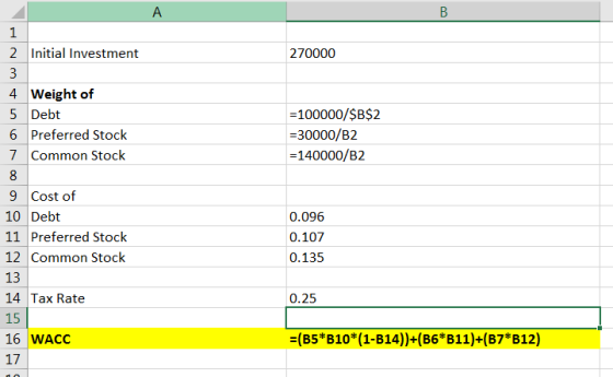 А В 1 2 Initial Investment 270000 3 4 Weight of = 100000/$B$2 5 Debt 6 Preferred Stock -30000/B2 7 Common Stock = 140000/B2 8
