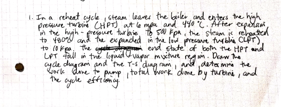 (ที่ 1. In a reheat cycle , steam leaves the boiler, and enters the high in the high pressure turbine to sou kpa, the steam i