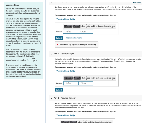 m Review Learning Goal: To use the formula for the critical load, i.e., the Euler buckling load, for pin-supported columns to