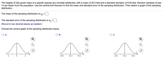 The heights of fully grown trees of a specific species are normally distributed, with a mean of 52.0 feet and a standard devi