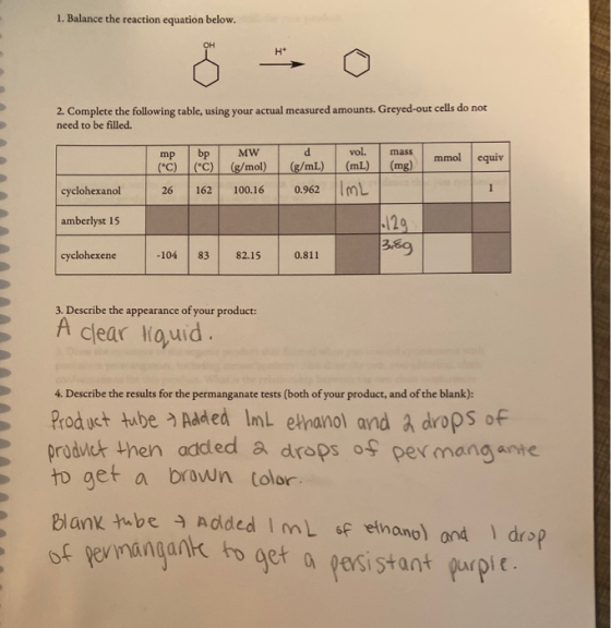 1. Balance the reaction equation below. 2. Complete the following table, using your actual measured amounts. Greyed-out cells