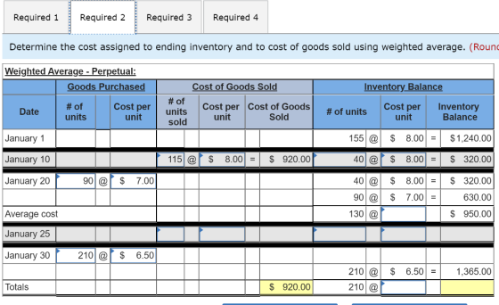 Required 1 Required 2 Required 3 Required 4 Determine the cost assigned to ending inventory and to cost of goods sold using w