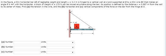 In the figure, a thin horizontal bar AB of negligible weight and length L = 3.2 m is hinged to a vertical wall at A and suppo