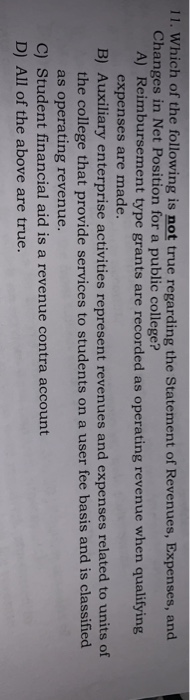 11. Which of the following is not true regarding the Statement of Revenues, Expenses, and Changes in Net Position for a publi