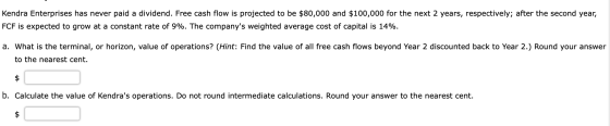 Kendra Enterprises has never paid a dividend. Free cash flow is projected to be $80,000 and $100,000 for the next 2 years, re