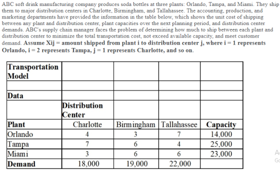 ABC soft drink manufacturing company produces soda bottles at three plants: Orlando, Tampa, and Miami. They ship them to majo