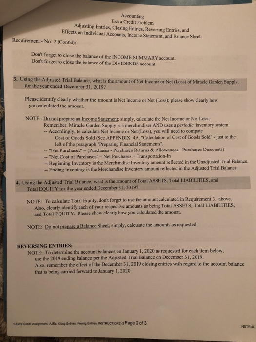 Accounting Extra Credit Problem Adjusting Entries, Closing Entries, Reversing Entries, and Effects on Individual Accounts, In